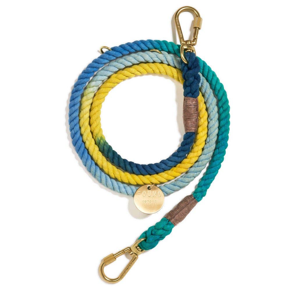 Colorful dog leash with gold clasp on a white background