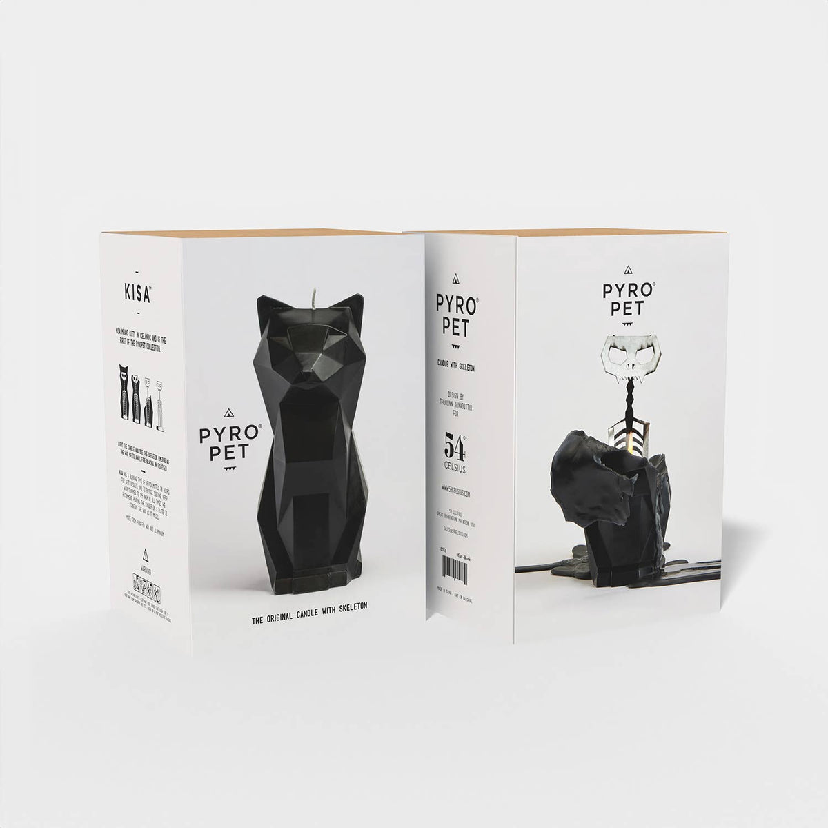 Black geometric cat-shaped candle in open Pyro Pet packaging on a white background