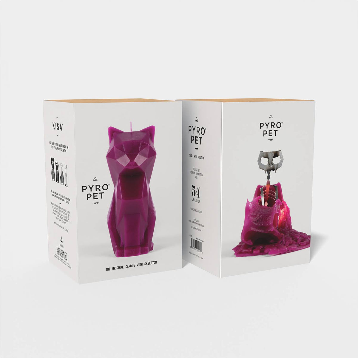 Pyro Pet candle packaging with a purple cat-shaped candle inside
