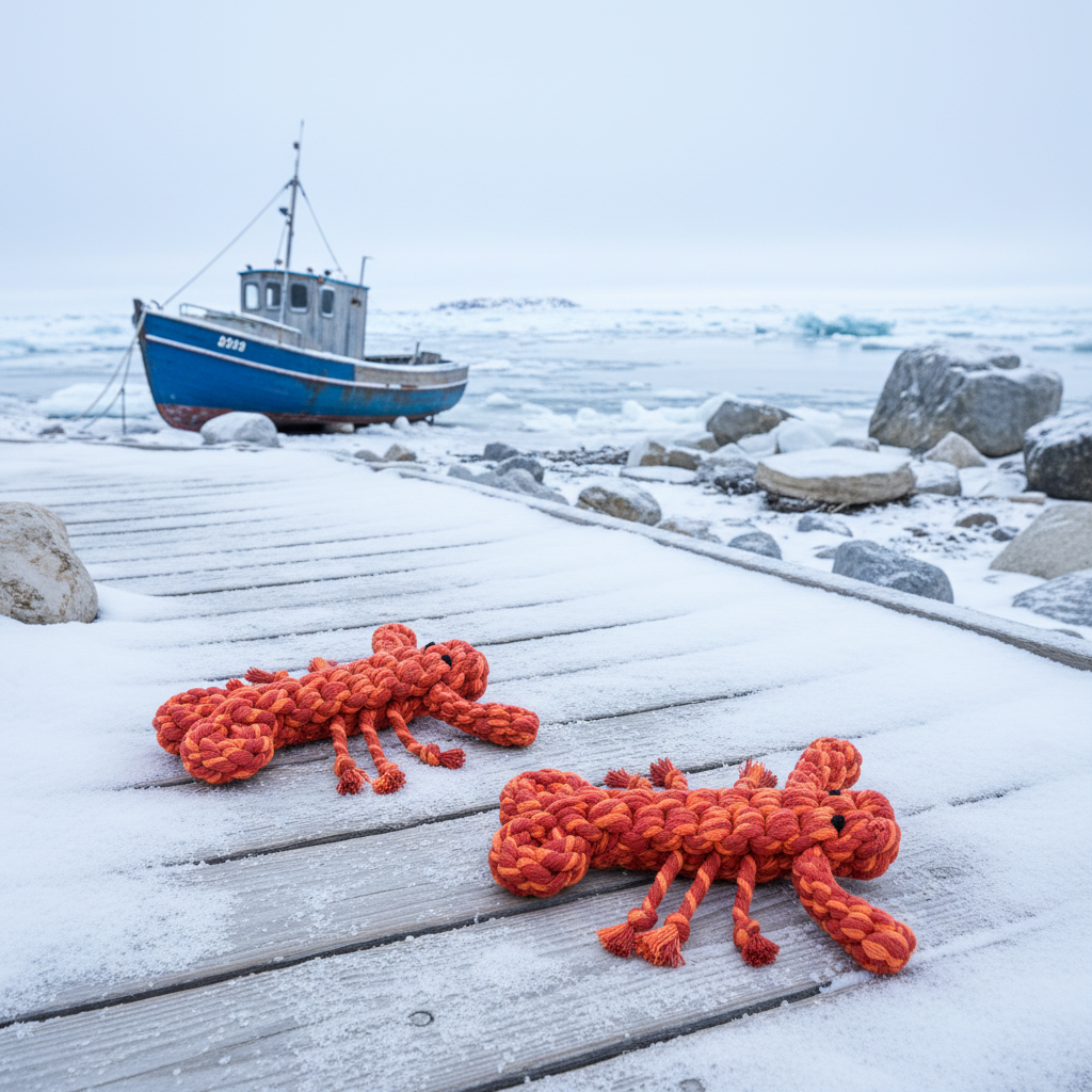 Red and orange lobster rope toys on a sandy dock by the rocks with a boat and the ocean in the background