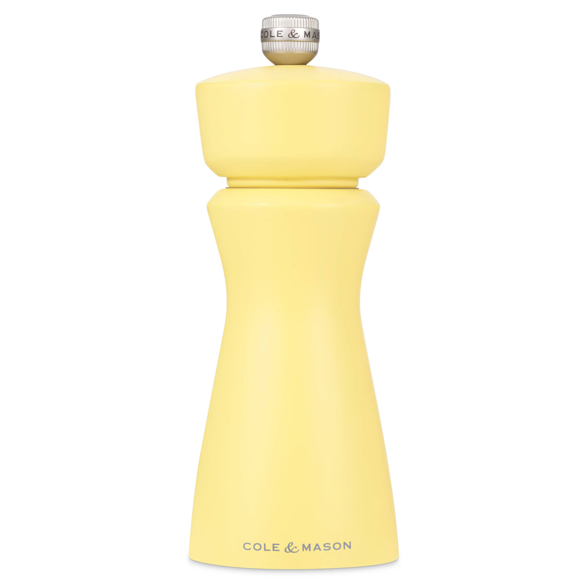 A pale yellowCole & Mason pepper mill grinder with a silver metal top cap, shown against a plain white background.