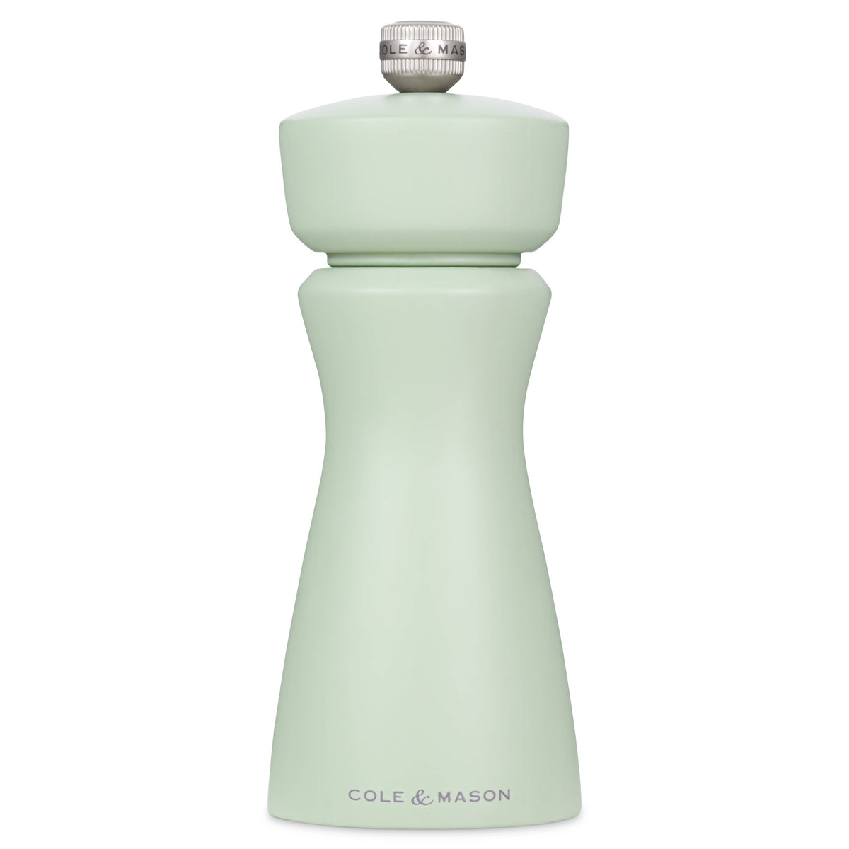 A light sage greenCole & Mason pepper mill with a matching textured top and a silver metal crank handle, shown on a solid white background.