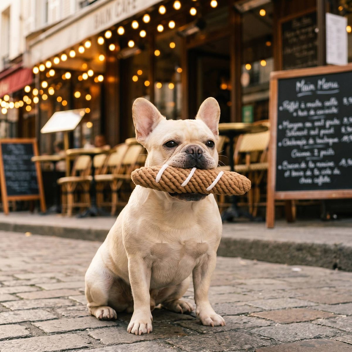 French bulldog with rope baguette chew toy in mouth on a cobblestone road outside of a cafe
