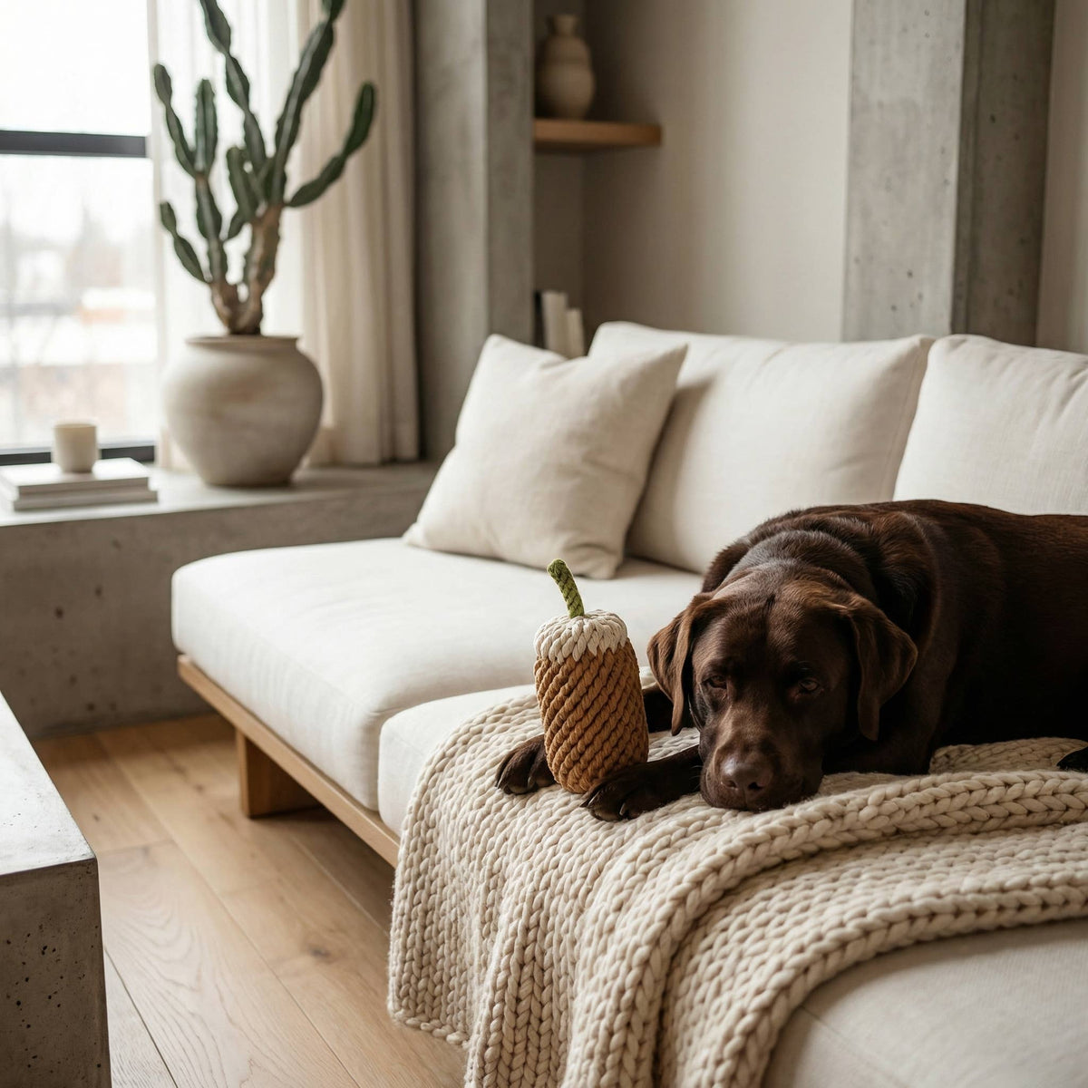 Dog lying on a couch with a knitted toy in a cozy living room.
