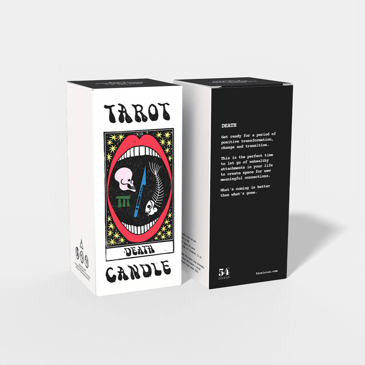 Tarot card box with graphic design and text on a white background