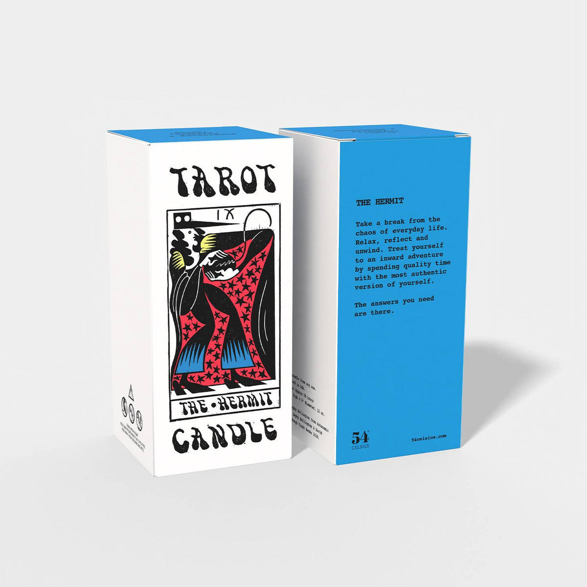 Tarot-themed candle packaging with blue and white design