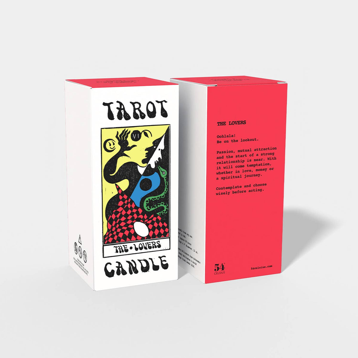 Tarot card packaging with red and white design on a light gray background