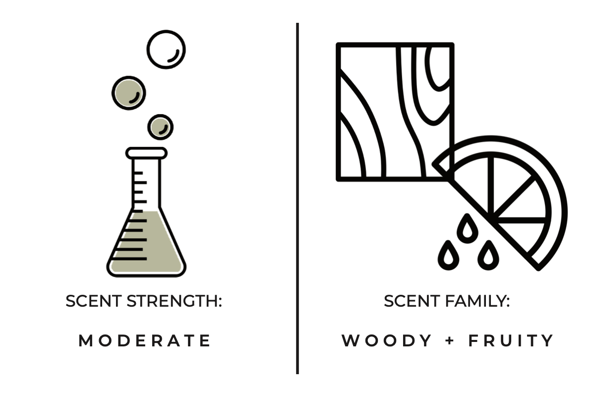 Illustrations and text describing scent strength and family on a white background