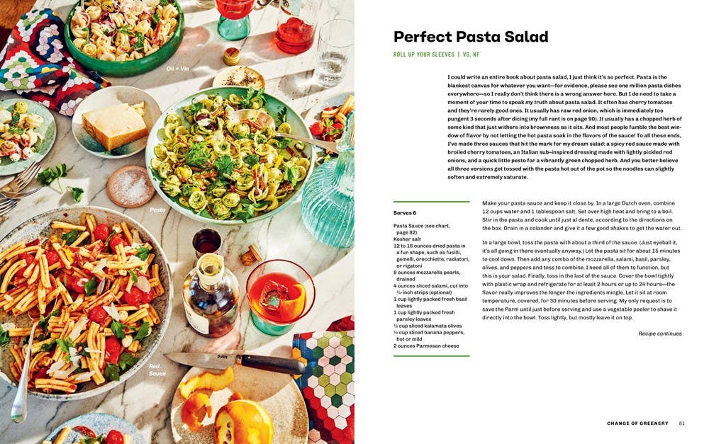 Pasta salad recipe with ingredients and preparation steps displayed on a magazine page.
