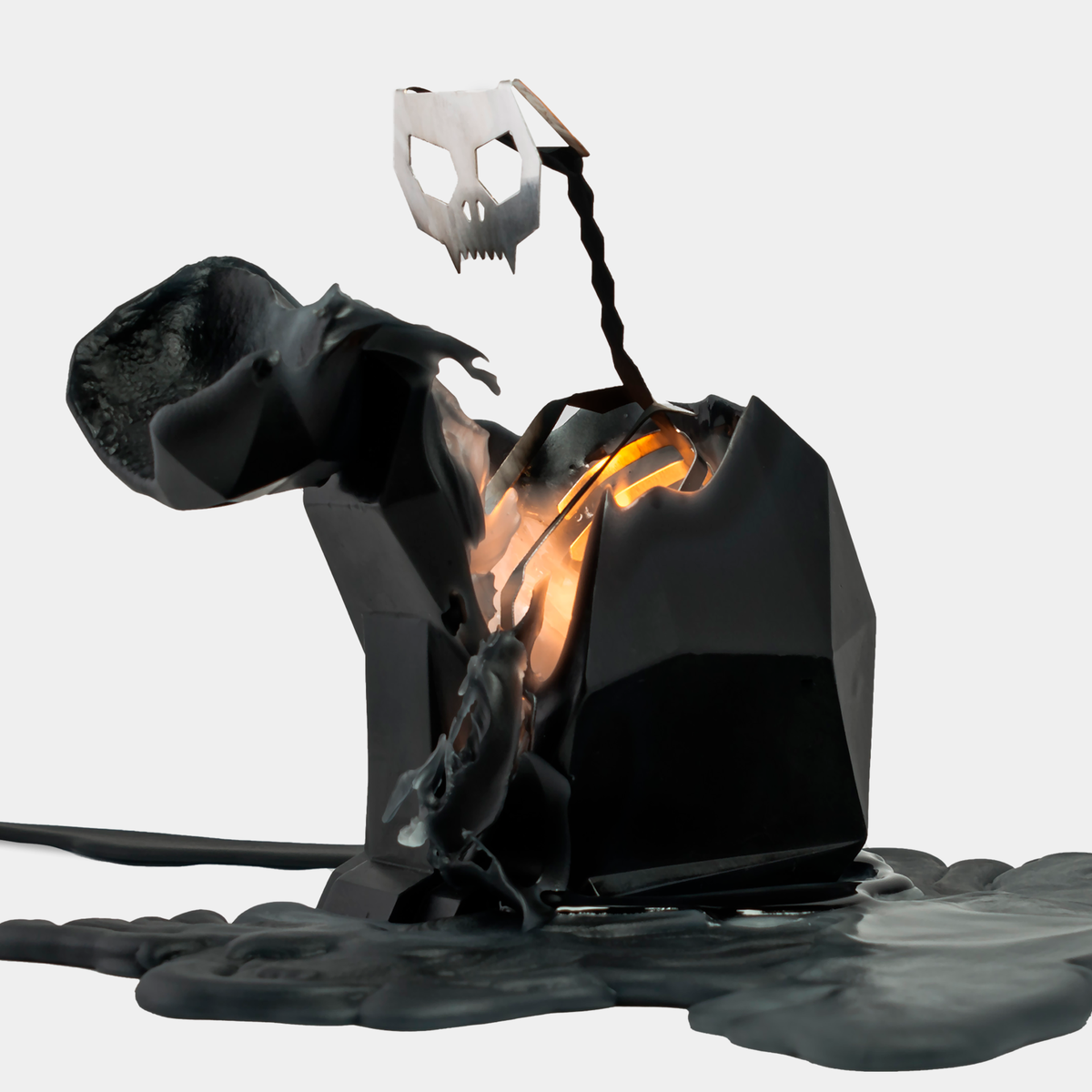 Abstract sculpture of a figure with a glowing interior on a white background
