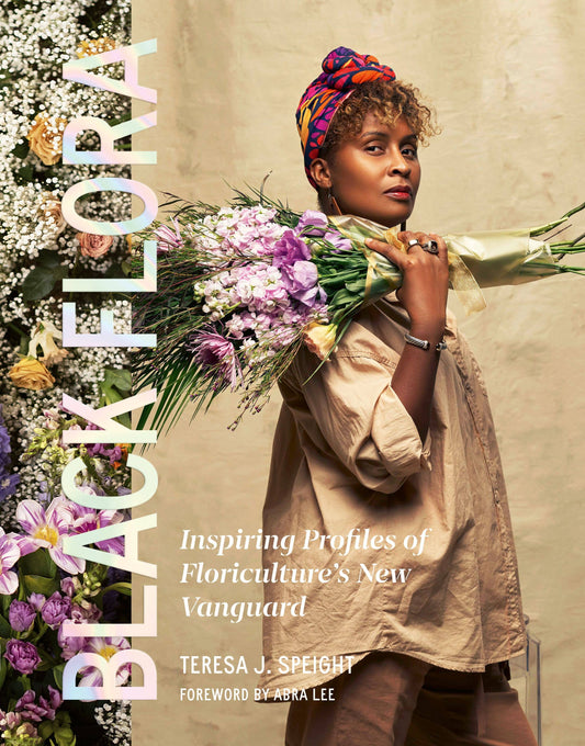 Book cover of 'Black Flora' featuring a woman holding flowers with floral elements.