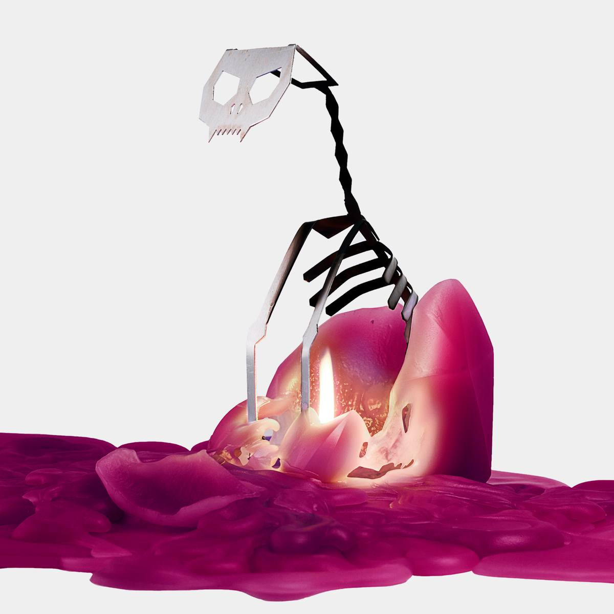 Skeletal hand reaching into a glowing pink object with a white background