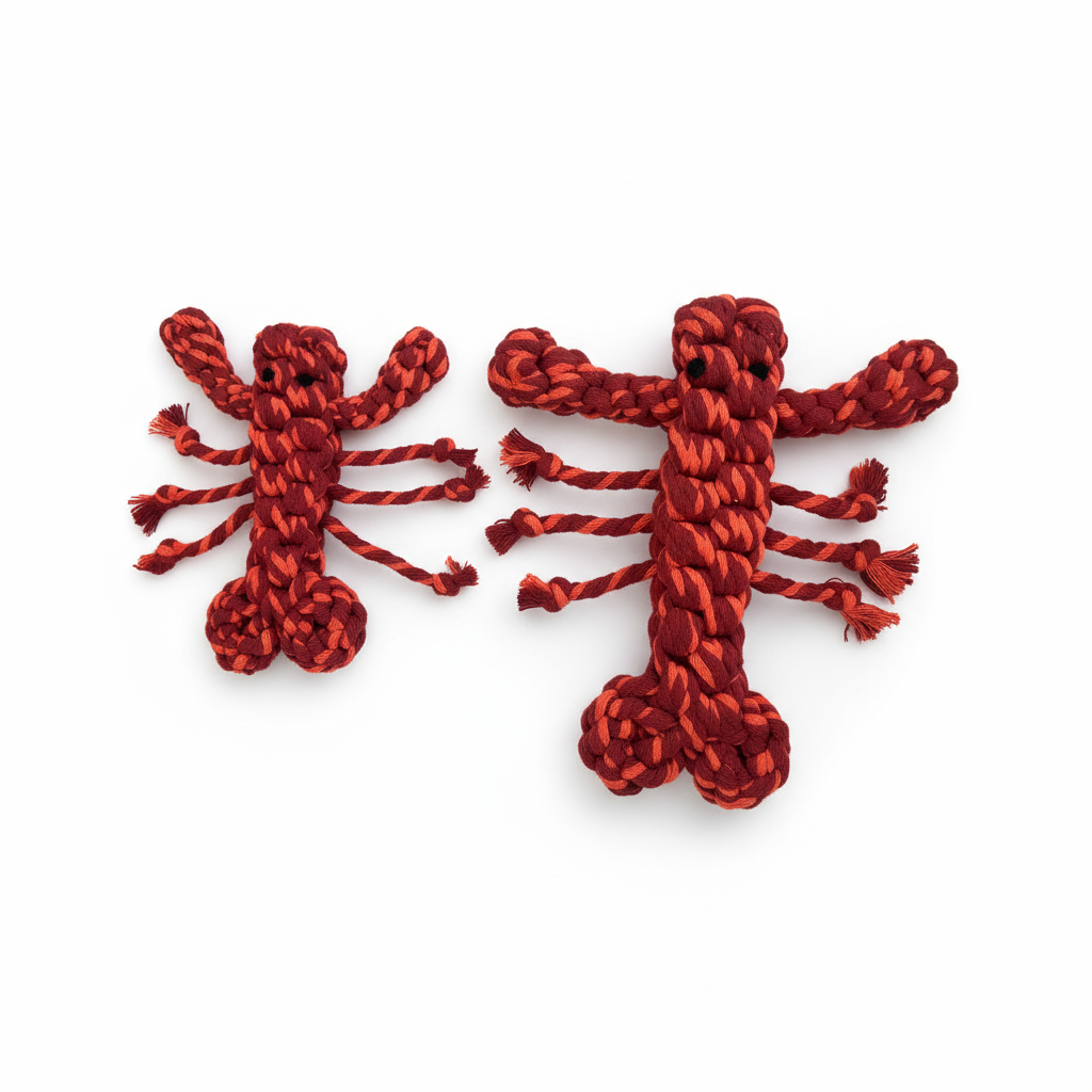 Two red lobster-shaped dog toys on a white background