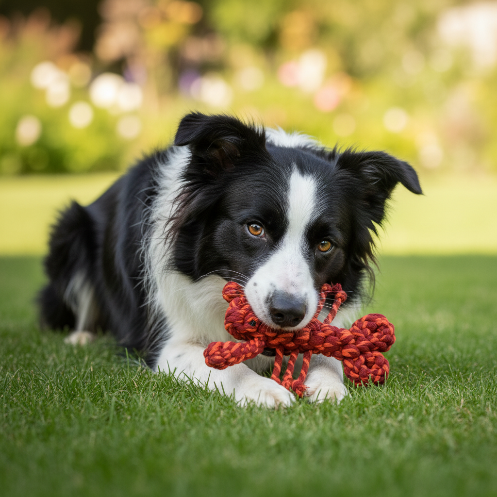 Red and orange rope lobster in the mouth of a black and white dog laying in the green grass