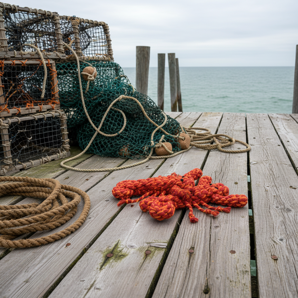 Red and orange rope lobster toys laying on a dock over the ocean with ropes and lobster traps nearby