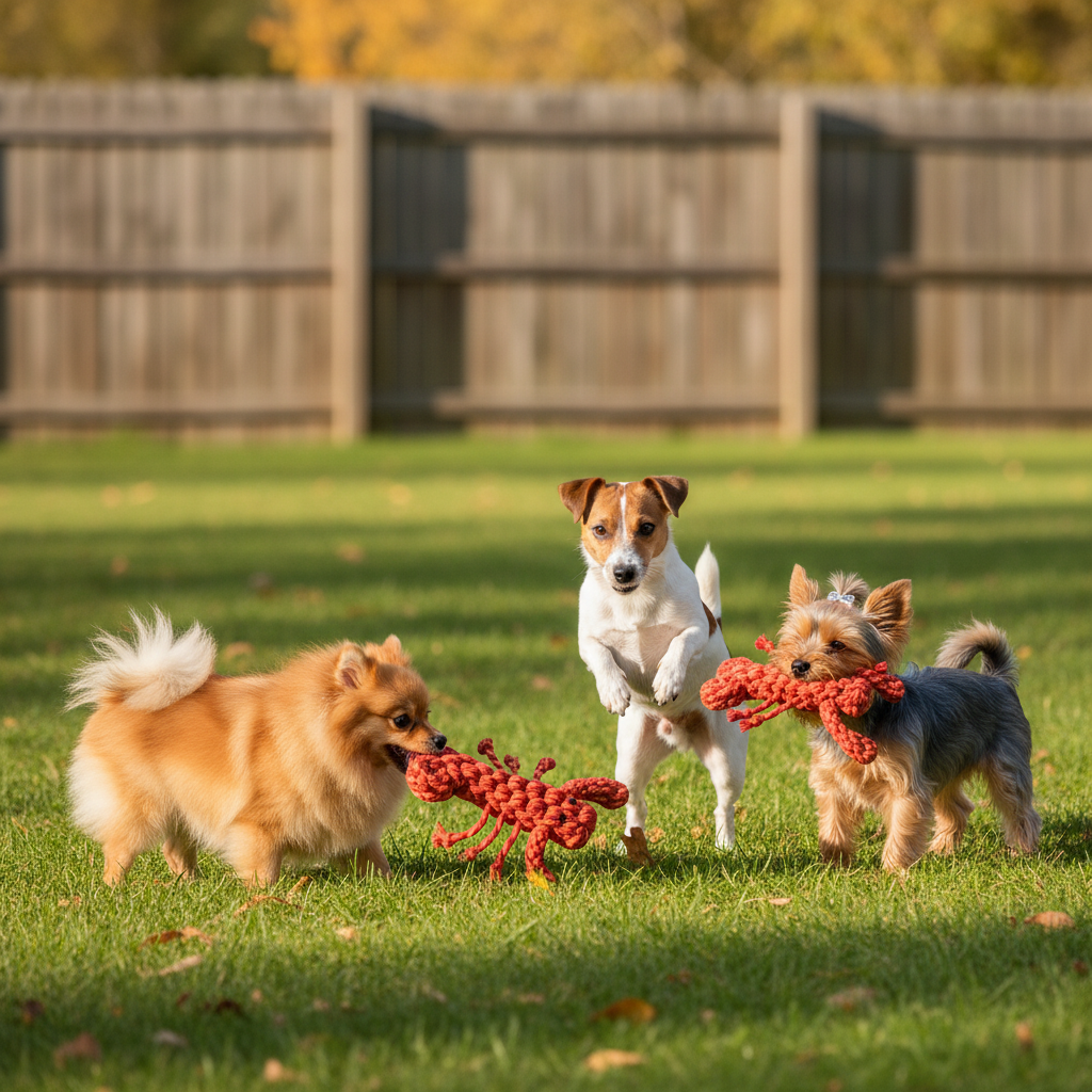 Two red and orange lobsters in the mouths of two small brown dogs in the yard with a third job jumping by them on the green grass in front of a wood fence