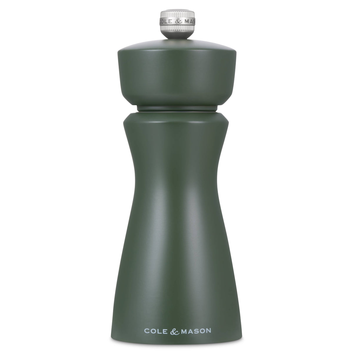 Cole & Mason matte dark green pepper mill with a silver metal top knob, shown on a solid white background.