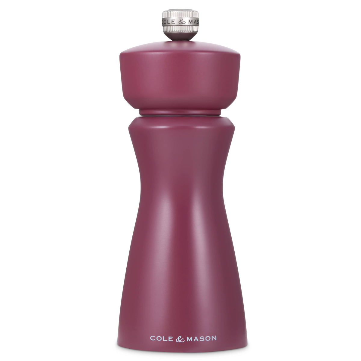 A matte burgundy metal pepper mill grinder with a silver textured top cap, shown on a solid white background. The brand name 'COLE & MASON' is printed in white near the base.