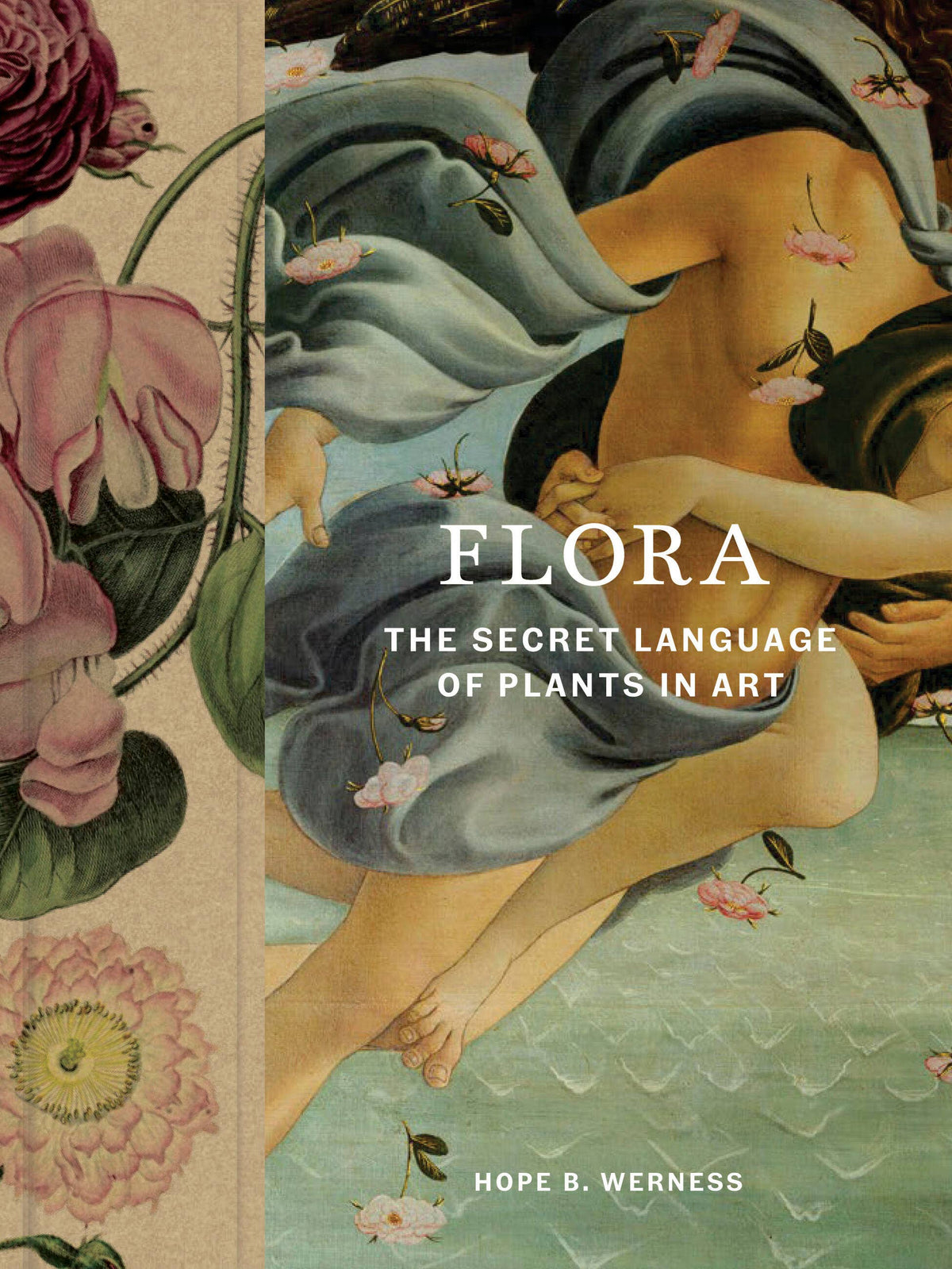 Book cover of 'Flora: The Secret Language of Plants in Art' with artistic depiction of a woman and flowers.