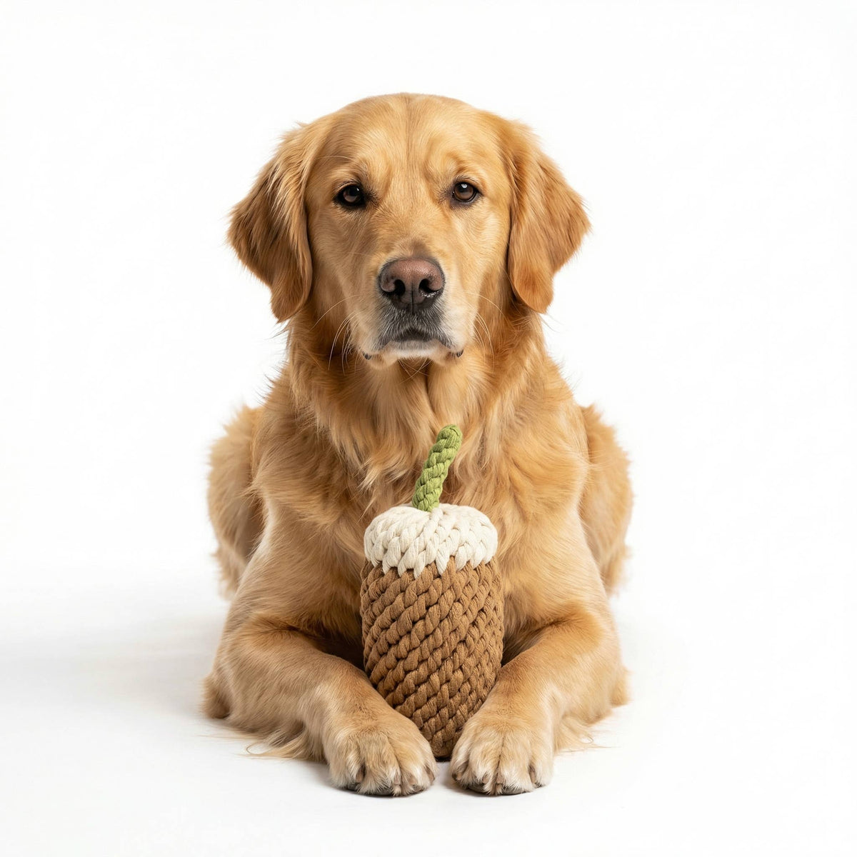 A rope toy that looks like a foamy coffee with a green straw inbetween the paws of a golden retriever laying down in front of a white background