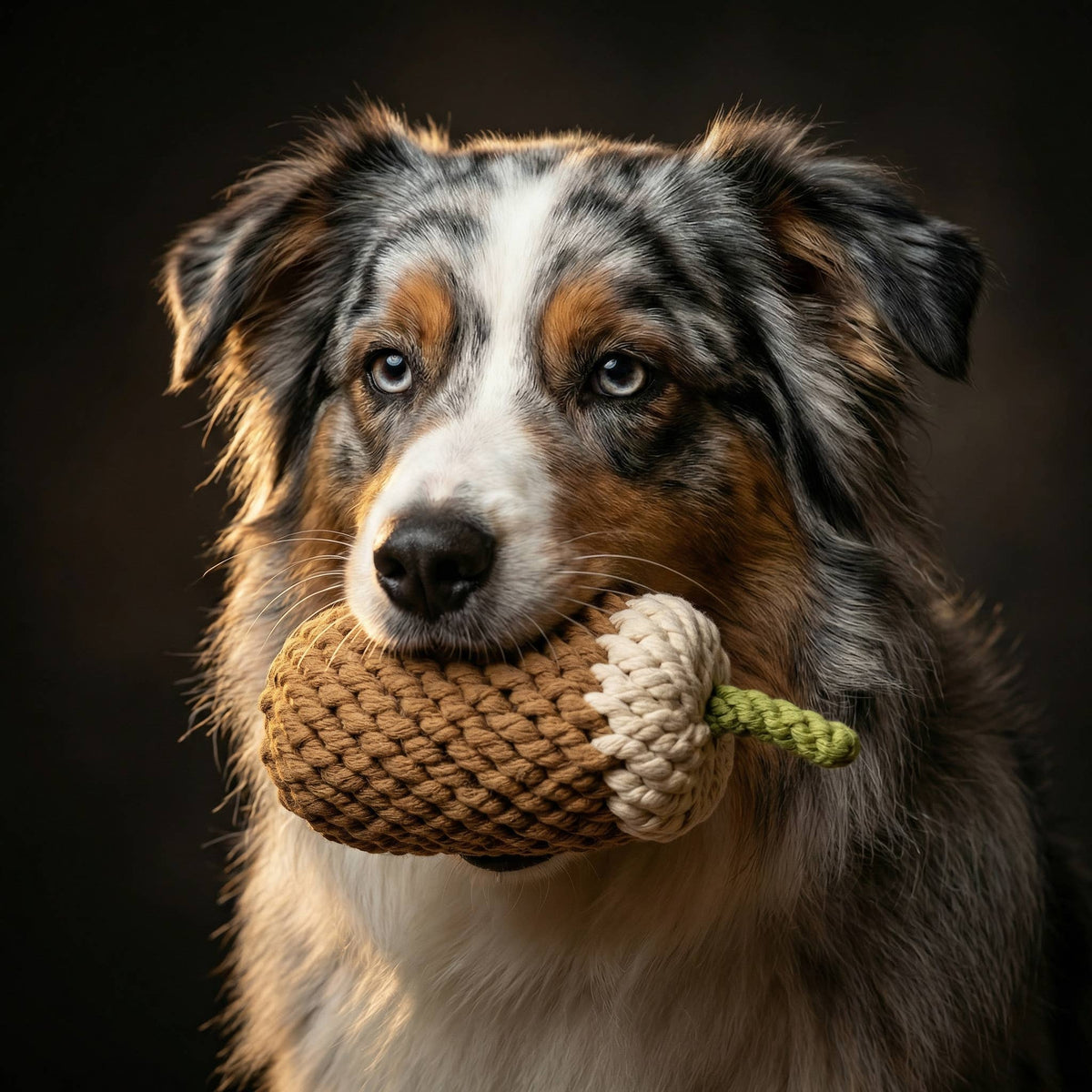 A rope toy that looks like a foamy coffee with a green straw in the mouth of a dog that is grey, white, black and brown in front of a black background.