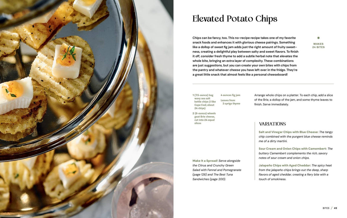A two-page cookbook spread showing a close-up photo of prepared potato chips on the left page and recipe text, headings, and ingredient lists on the right page.