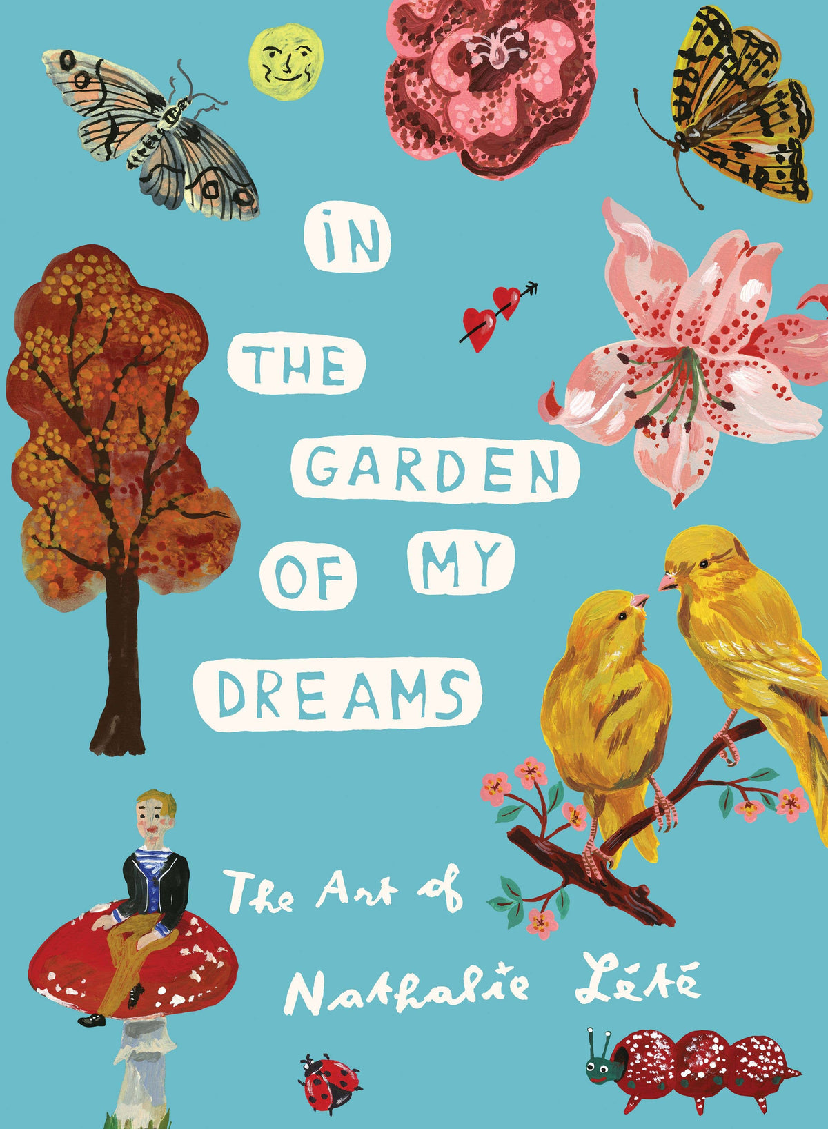 Book cover with illustrations of birds, flowers, trees, and a butterfly on a blue background.