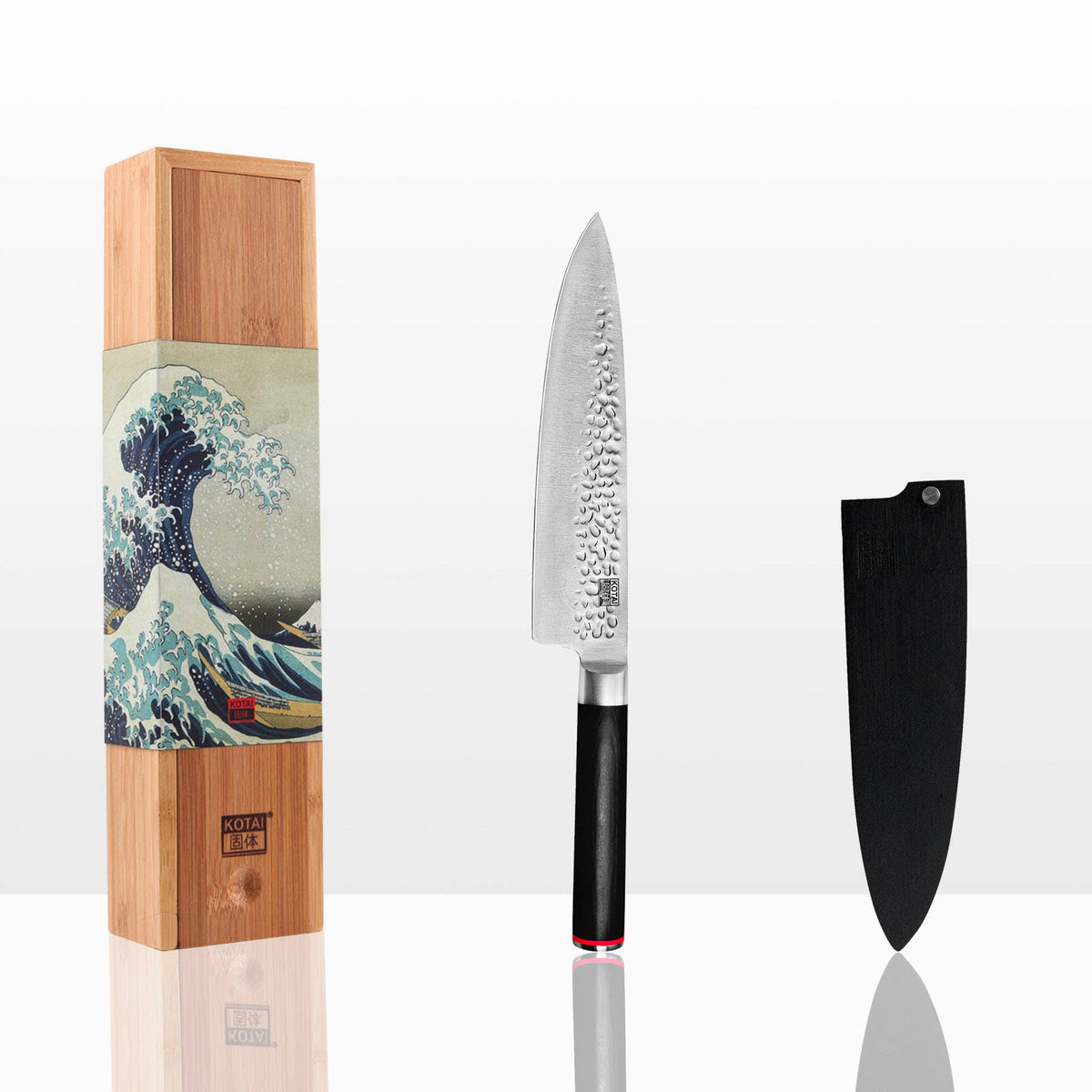 Knife with wooden box with a wave in front of a white background.