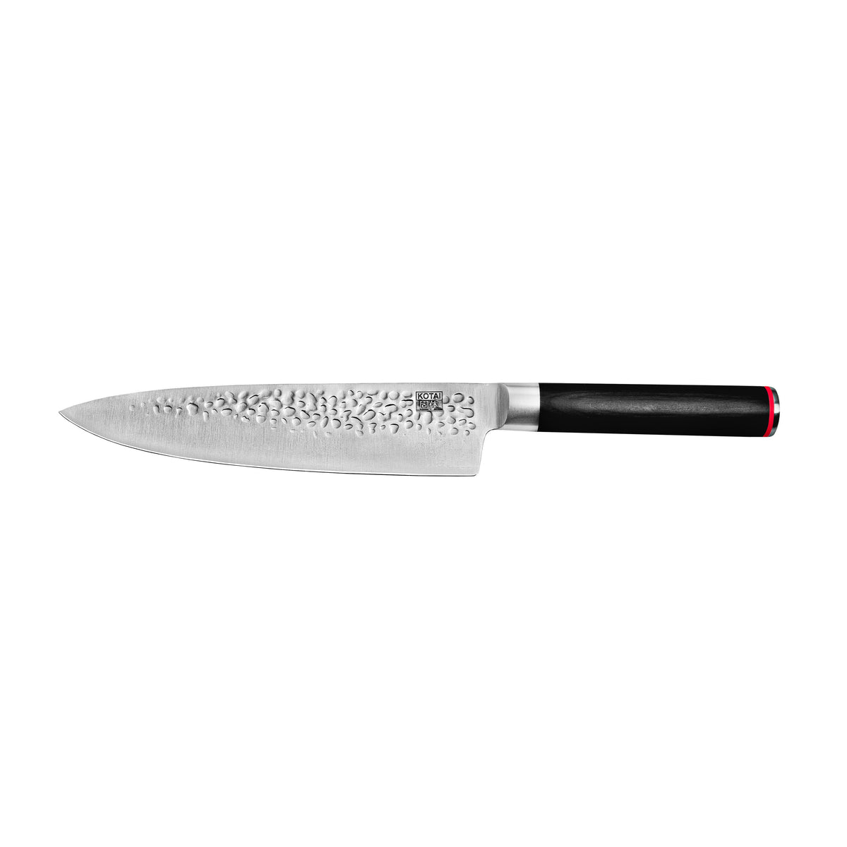 Metal knife with a black handle in front of a white background.