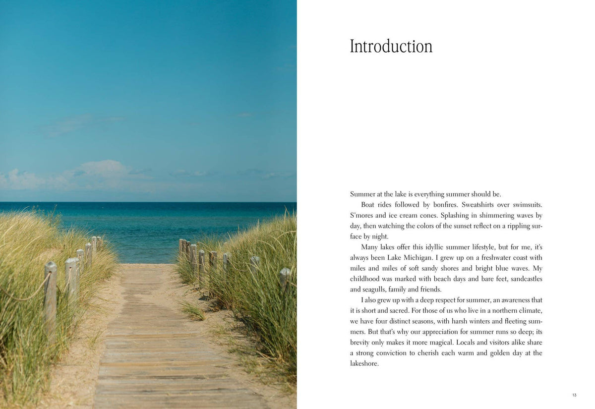 Wooden pathway leading to a beach with grass on either side, and text on the right.