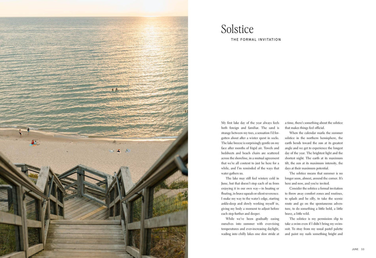 Wooden staircase leading to a beach with a sunset over the ocean on the left, and text on the right.