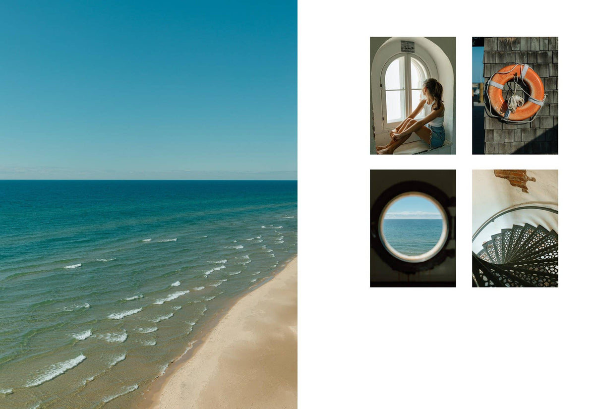 Collage of a beach scene with four smaller images including a person, a life buoy, and interior views.
