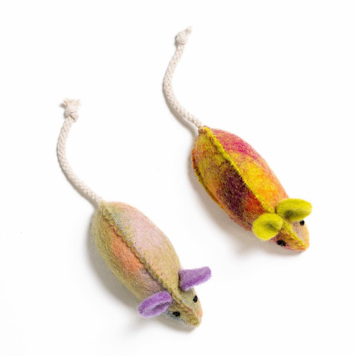 Two colorful mouse-shaped cat toys on a white background