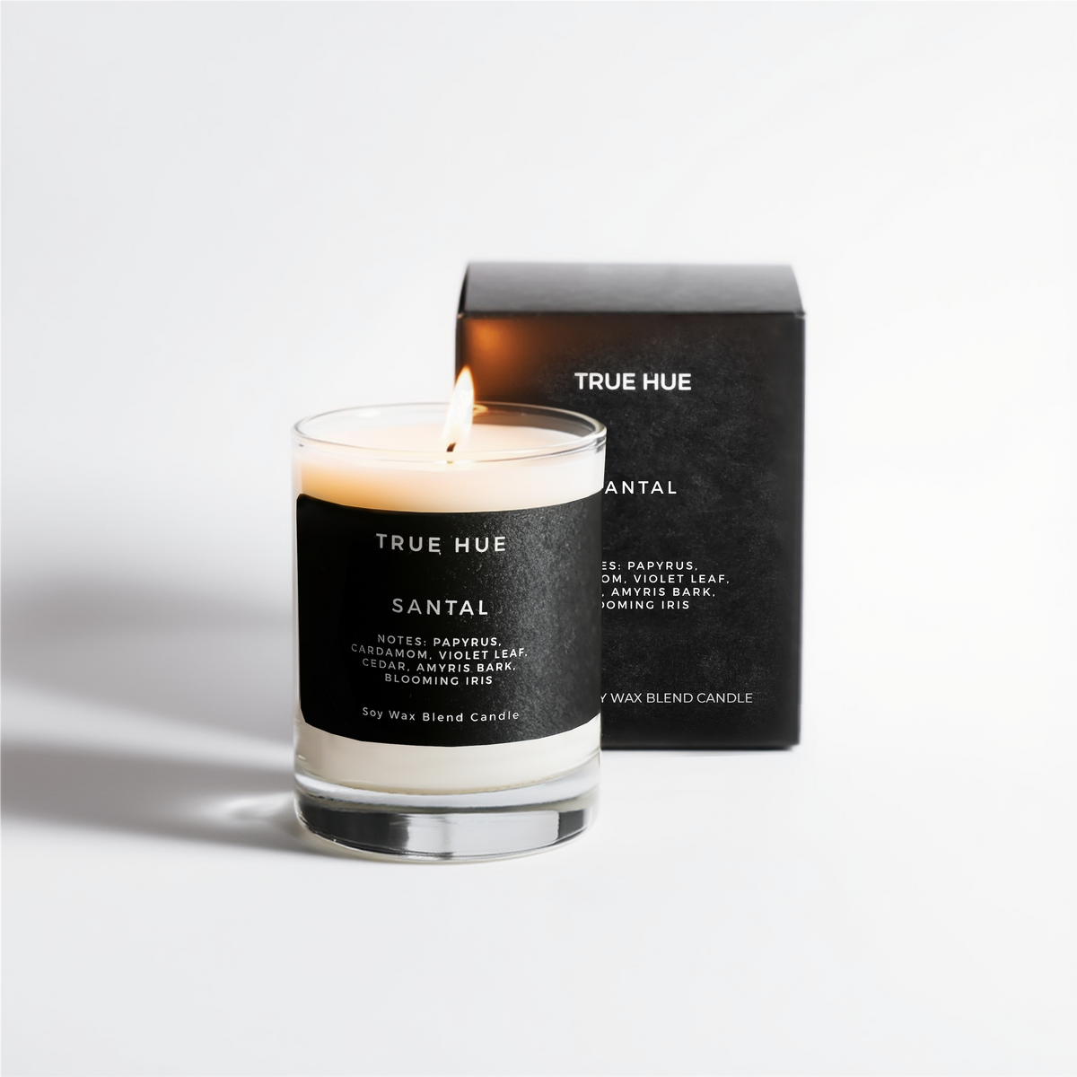 True Hue Santal candle with packaging on a white background