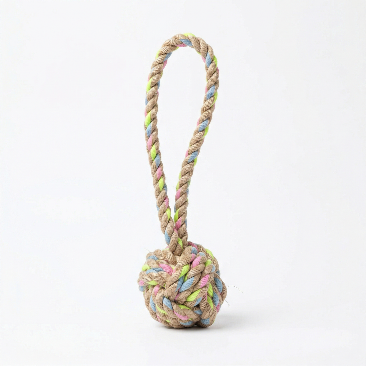 Rainbow rope toy with a loop on a white background.