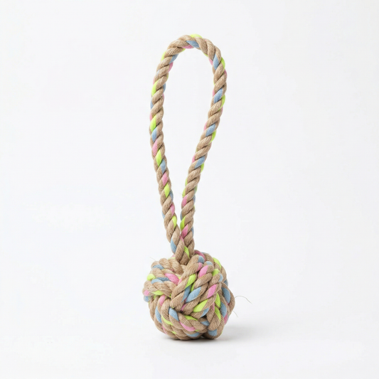 Rainbow rope toy with a loop on a white background.