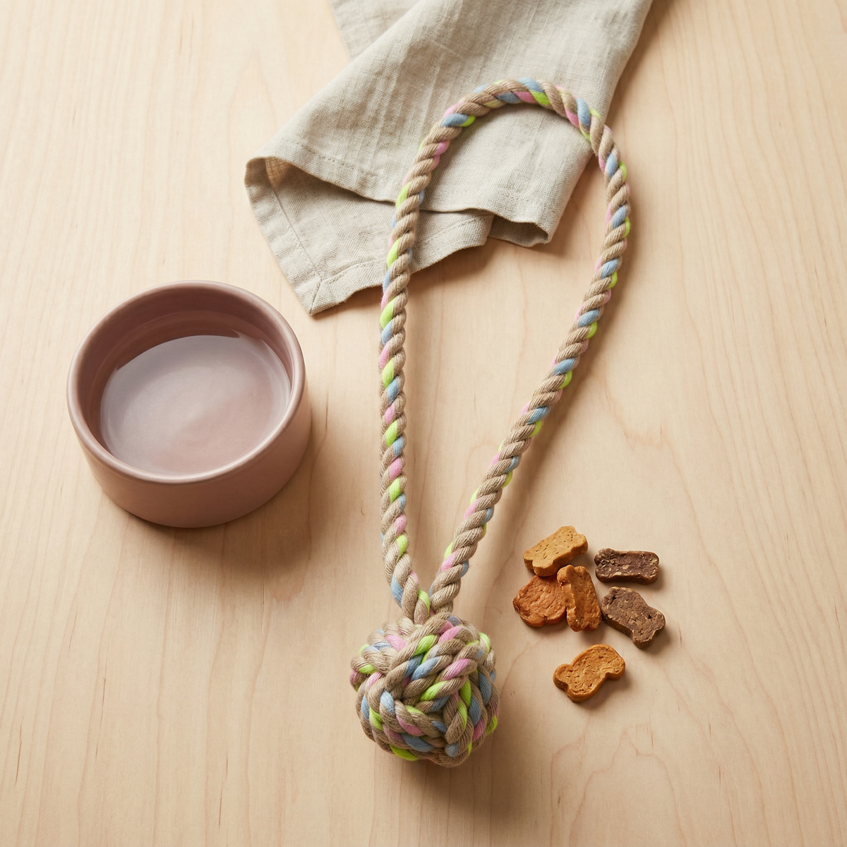 Pet toy with a rope and knot, next to a bowl and treats on a wooden surface