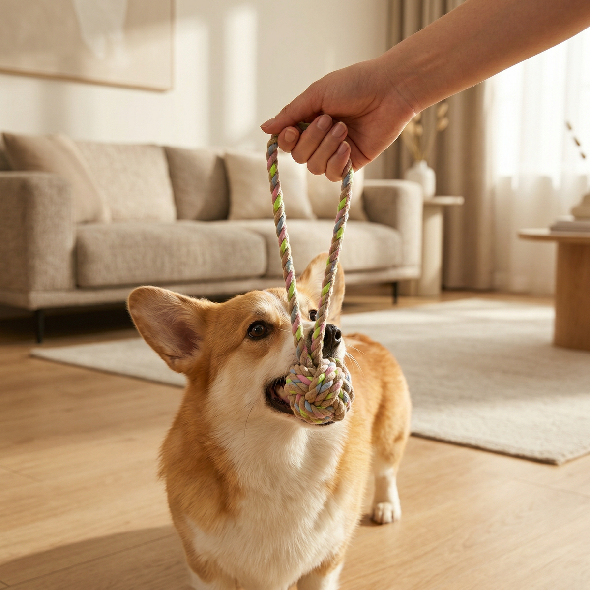 Dog in living room in front of a beige couch and carpet grabbing a rainbow rope toy from human hand.