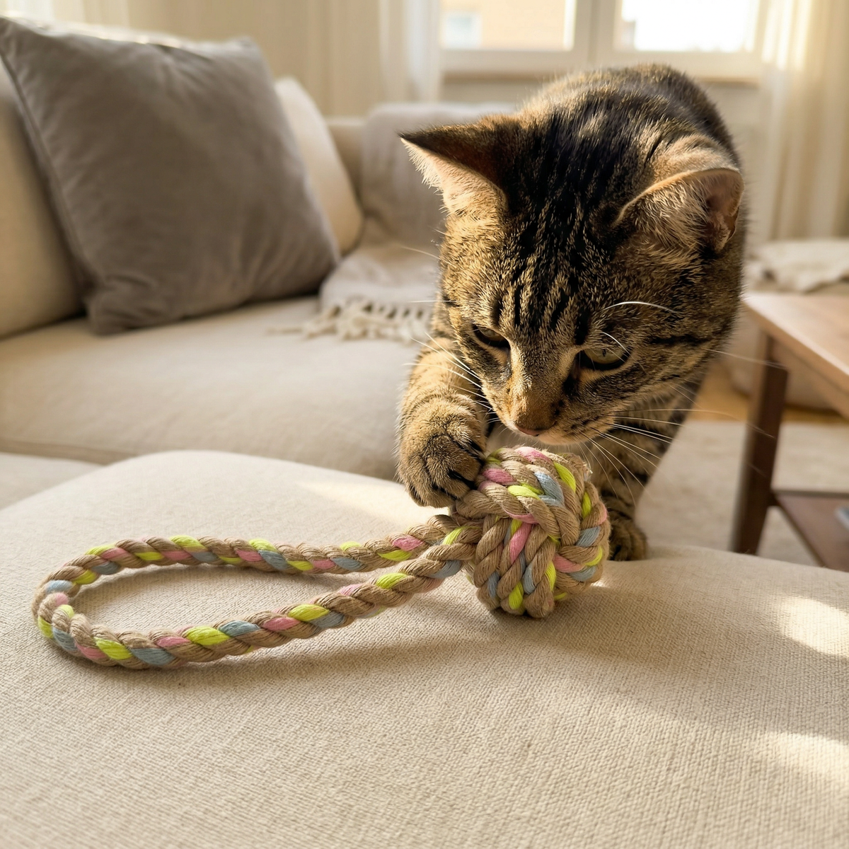 Black and brown cat touching rainbow rope toy with paw on a beige couch.