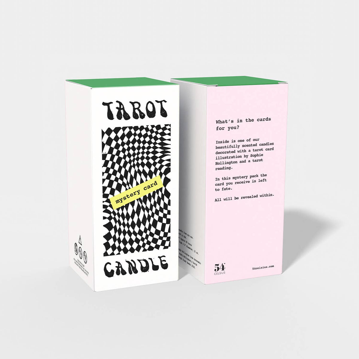 Box for a tarot mystery card candle with geometric design and text on a white background