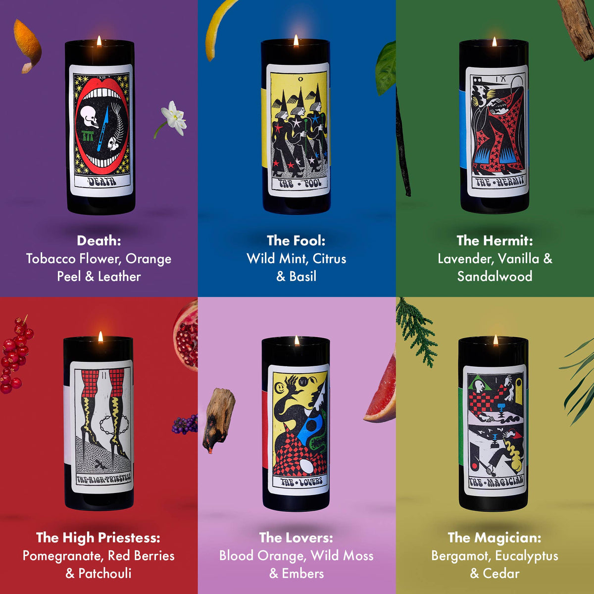 Set of six tarot-themed candles with colorful backgrounds and labels.