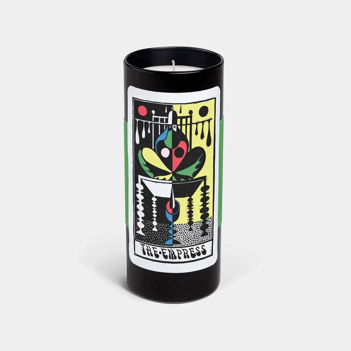 Candle in a cylindrical container with artistic design and text on a white background