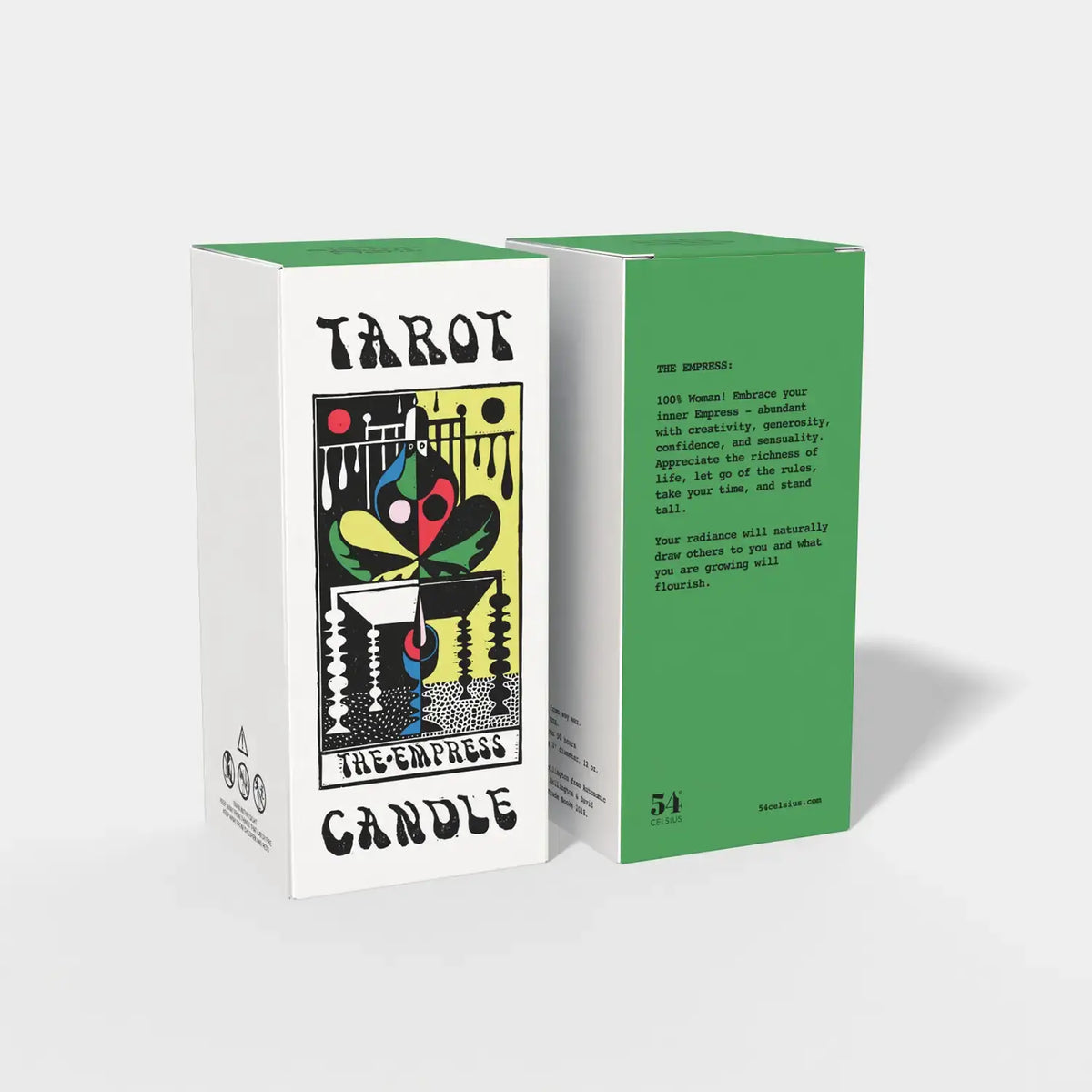 Tarot card packaging with green and white design on a white background