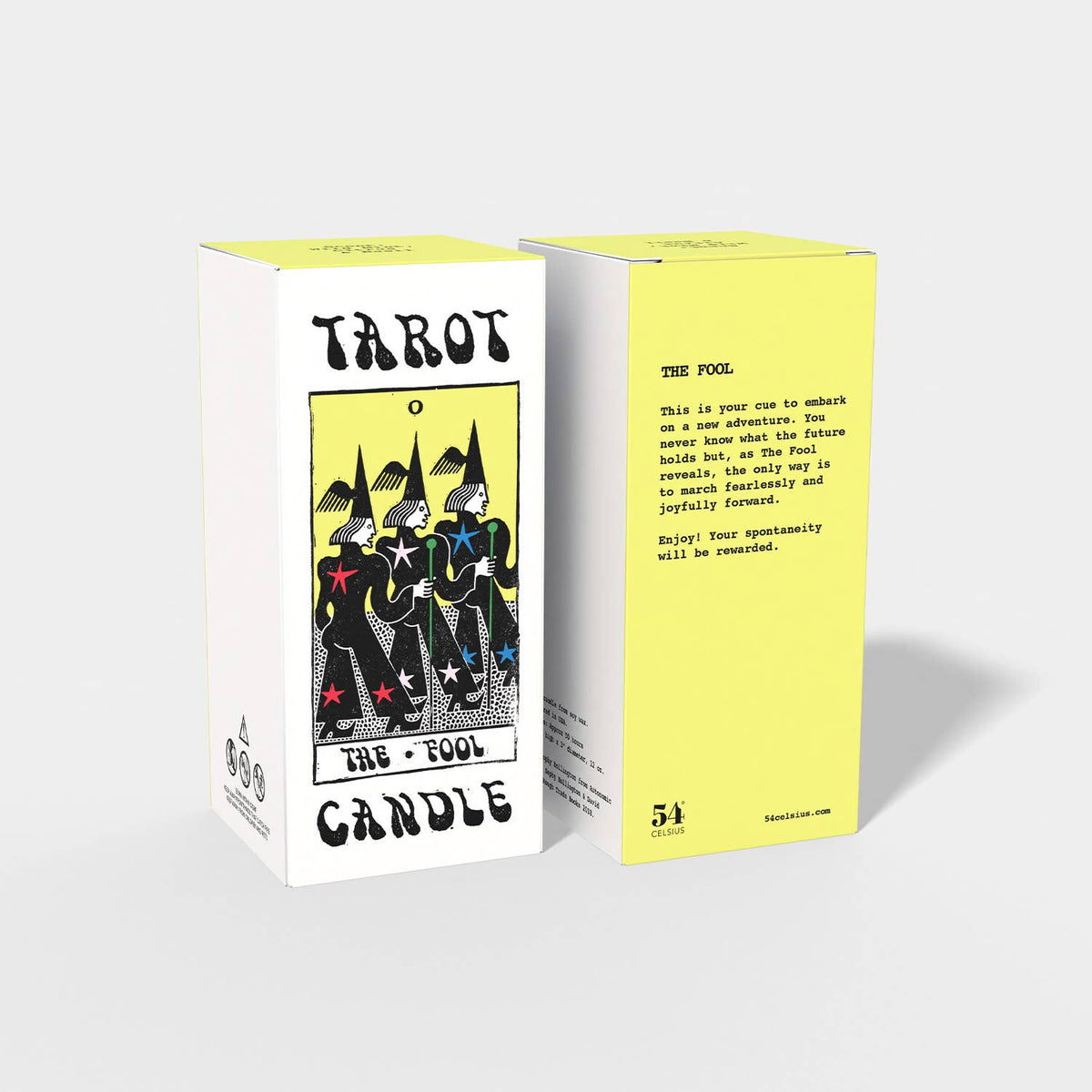 Tarot card packaging with yellow and white design on a light gray background