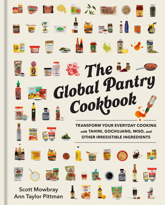 Book cover of 'The Global Pantry Cookbook' with illustrations of various pantry items on a white background.