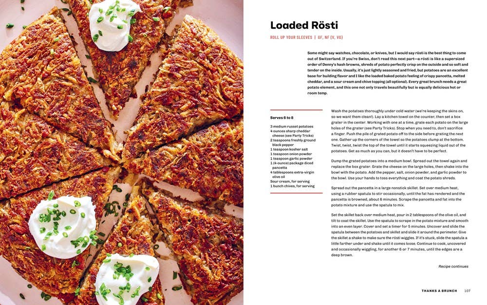 Loaded Rosti with a side of text on a magazine or book page.