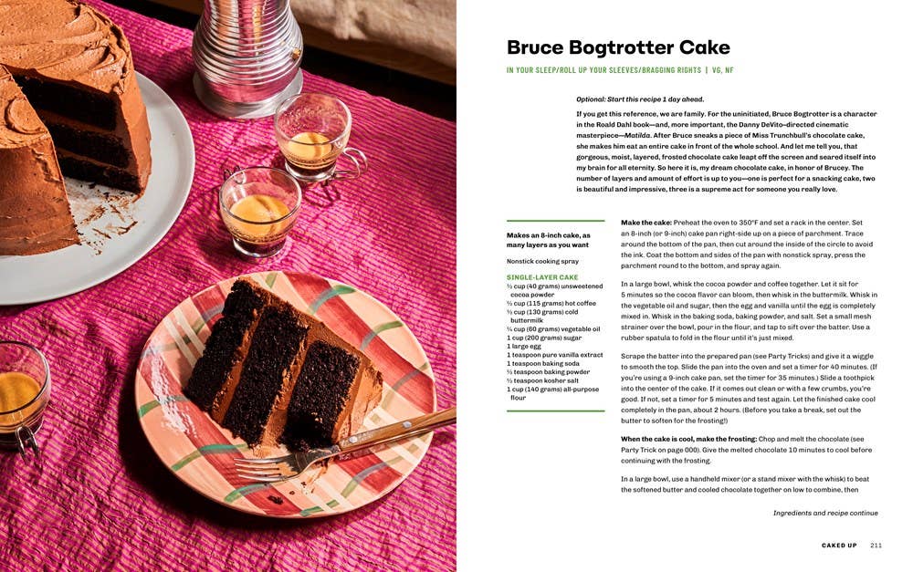 Chocolate cake on a plate with a pink tablecloth and glasses of orange juice.