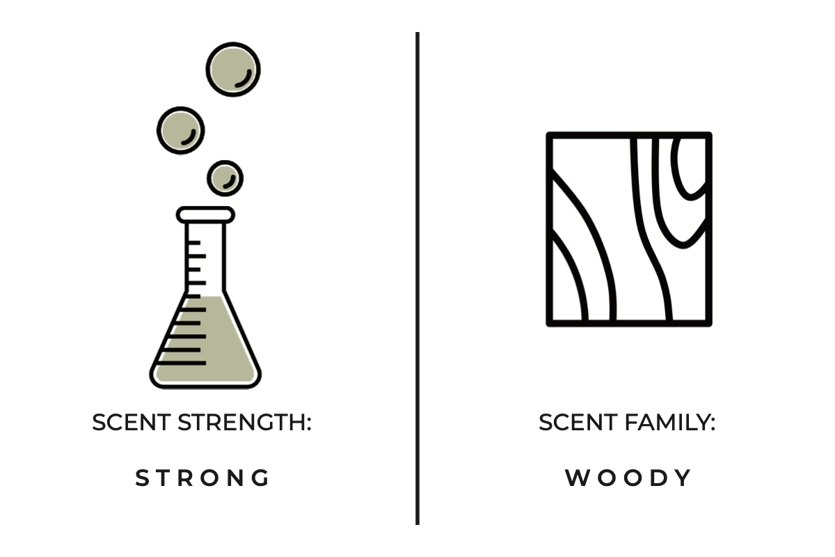 Diagram showing a beaker with bubbles labeled 'Scent Strength: Strong' and a wooden texture labeled 'Scent Family: Woody' on a white background.