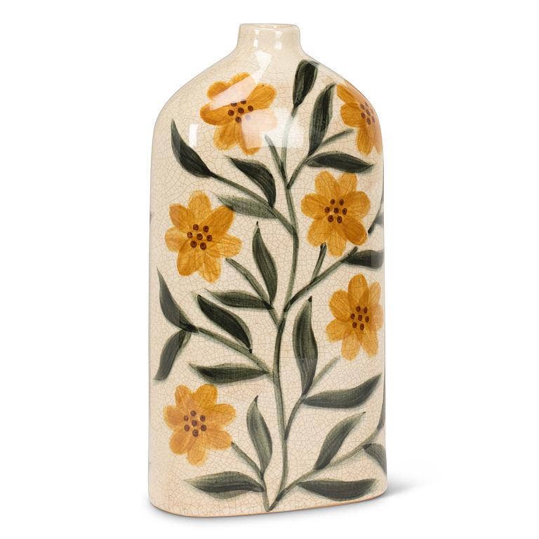 Ceramic vase with floral design on a white background